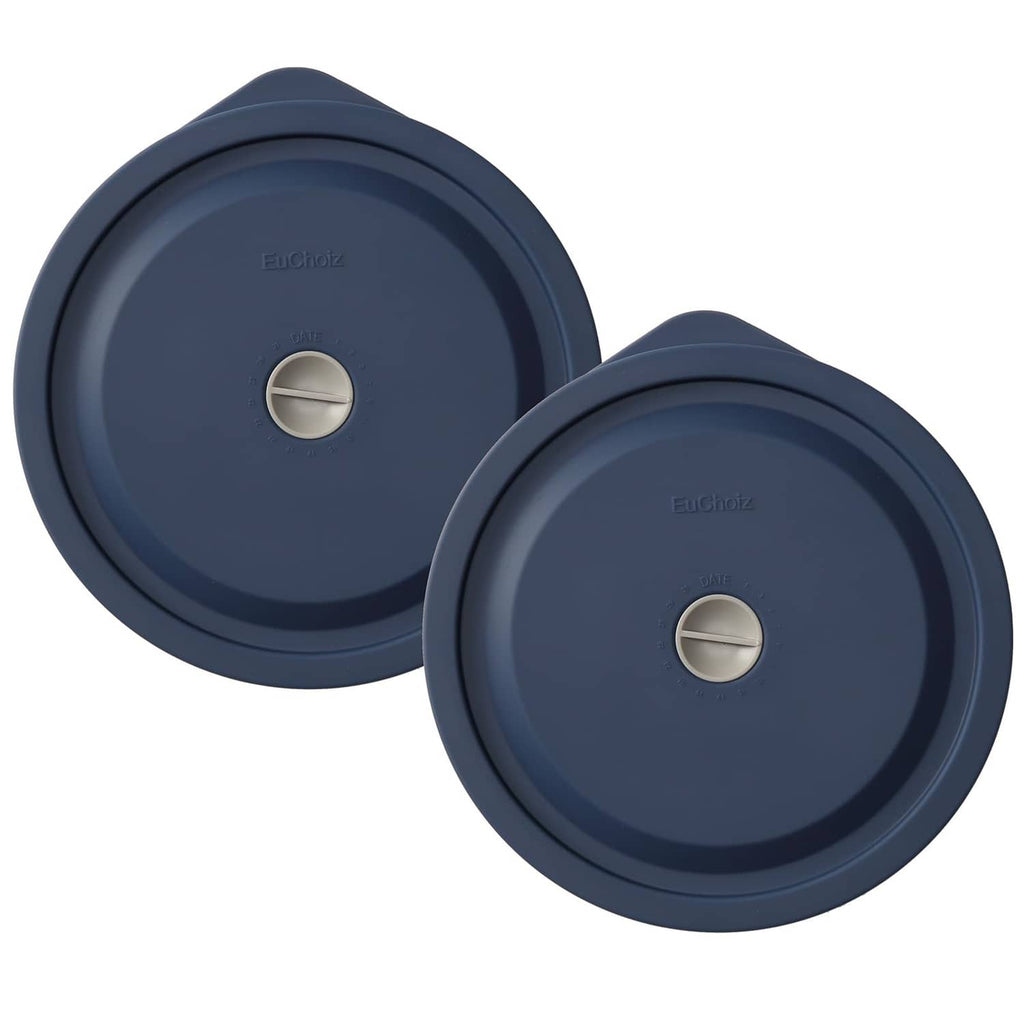 Dark blue round replacement lid pair with central date knob for 4-cup containers