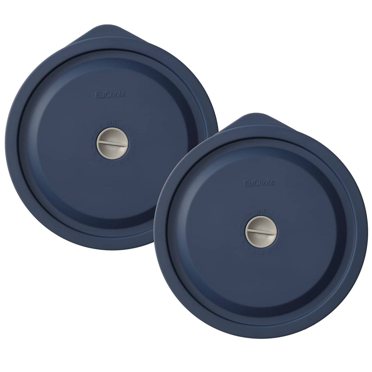 Dark blue round replacement lid pair with central date knob for 4-cup containers