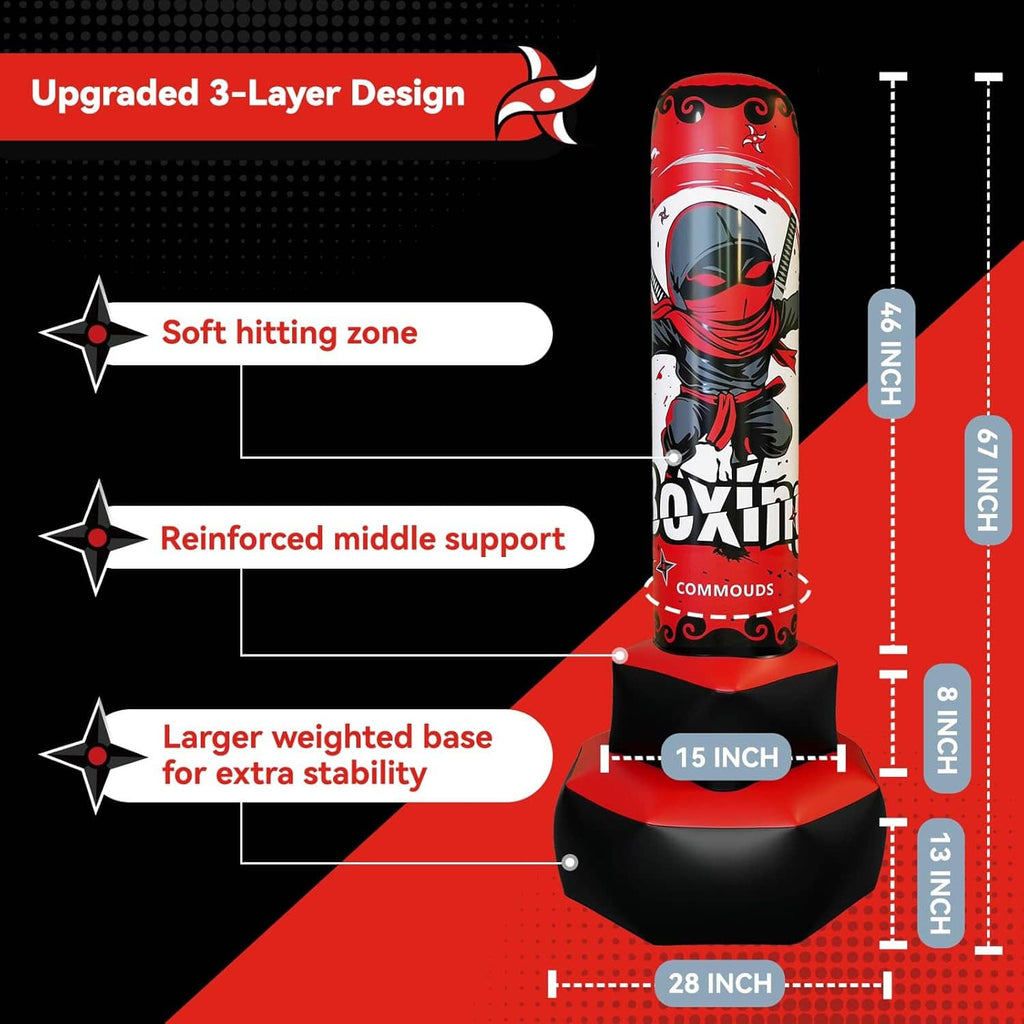 Red and black inflatable punching bag with soft striking zone, reinforced weighted base
