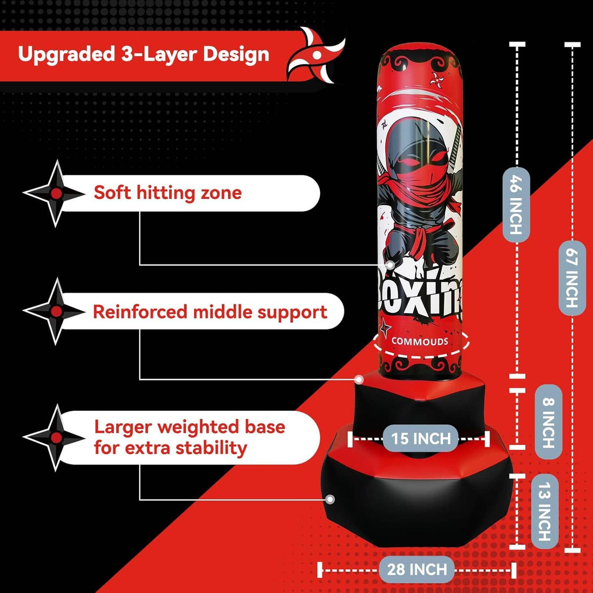 Red and black inflatable punching bag with soft striking zone, reinforced weighted base