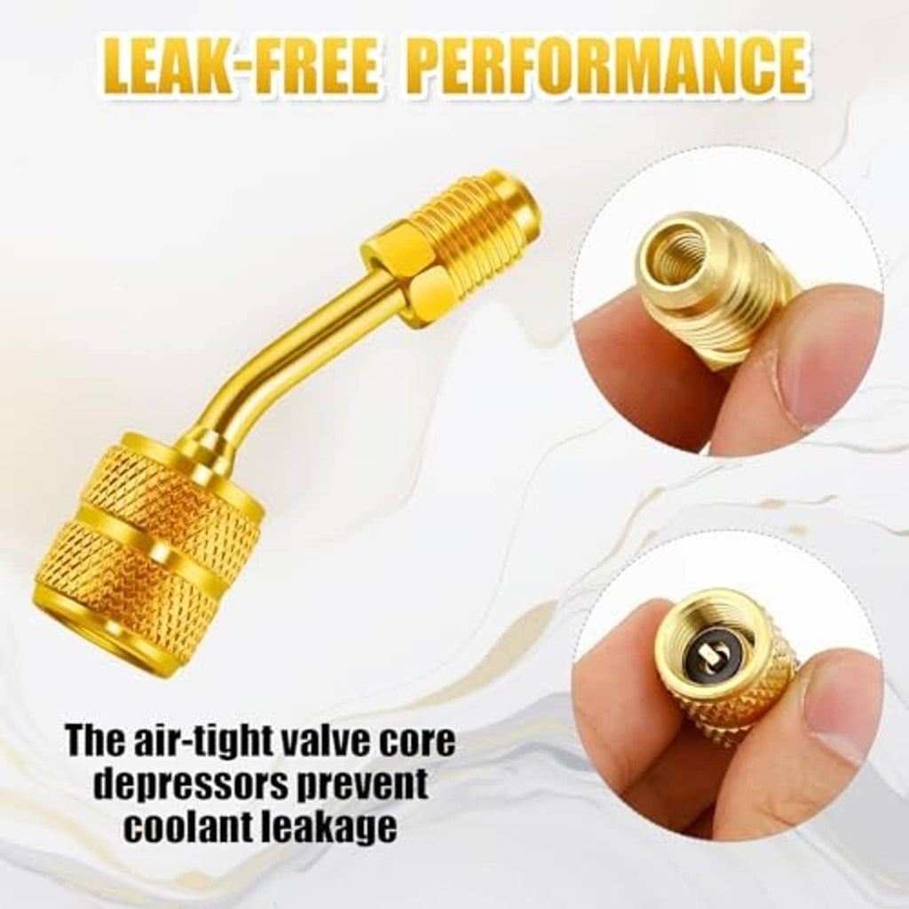Angled brass ball valve connector with threaded inlet and outlet on refrigeration hose