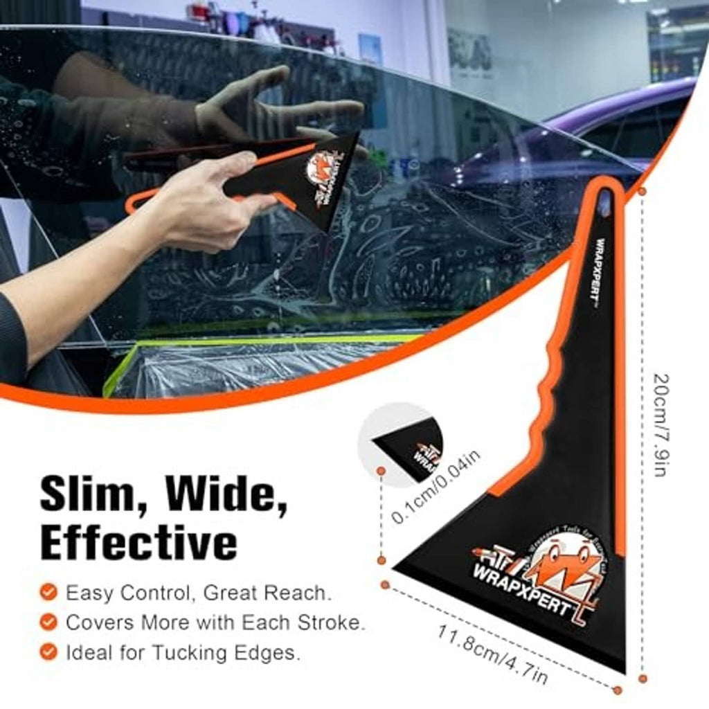 Long-handle black and orange window tint squeegee with triangular edge for smoothing film