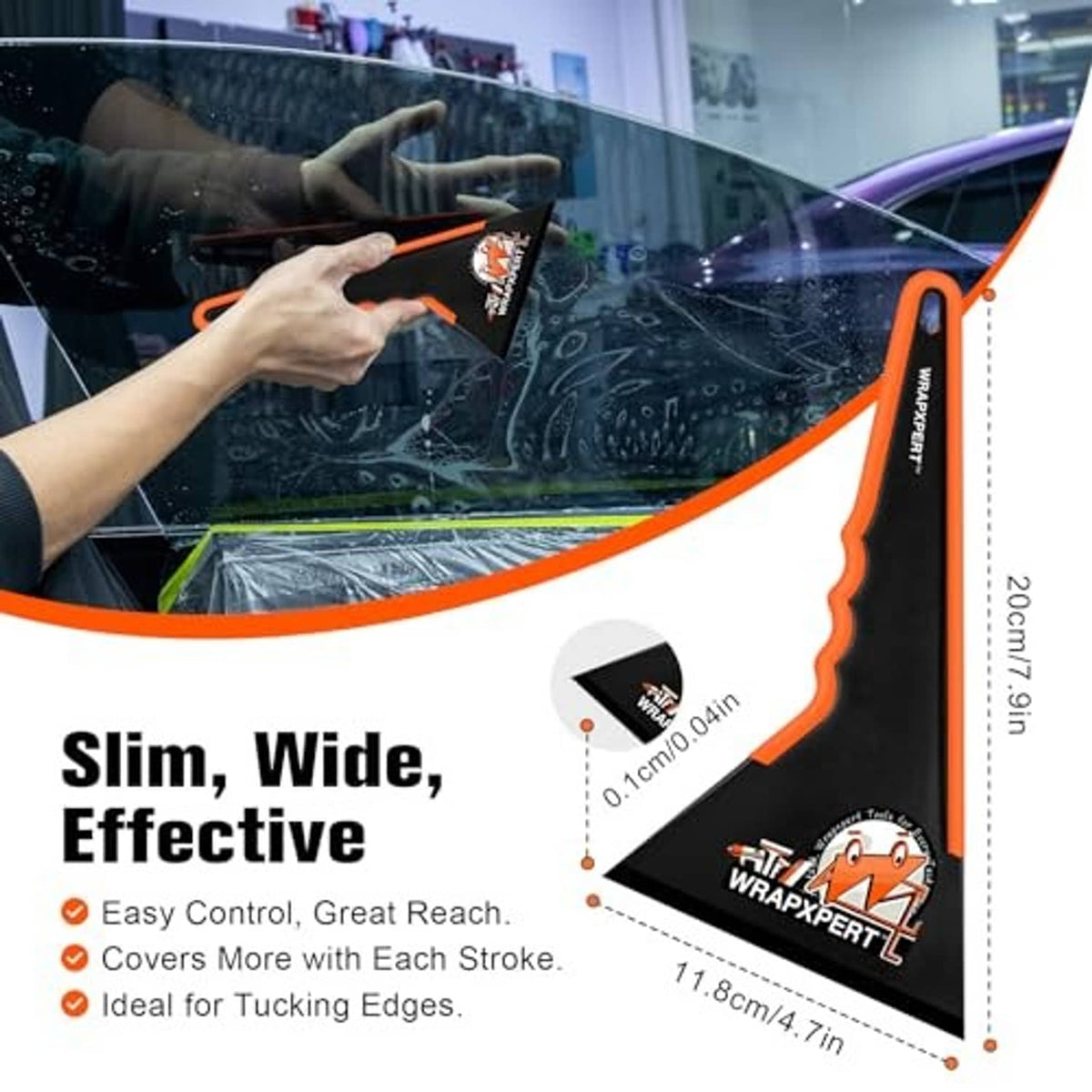 Long-handle black and orange window tint squeegee with triangular edge for smoothing film