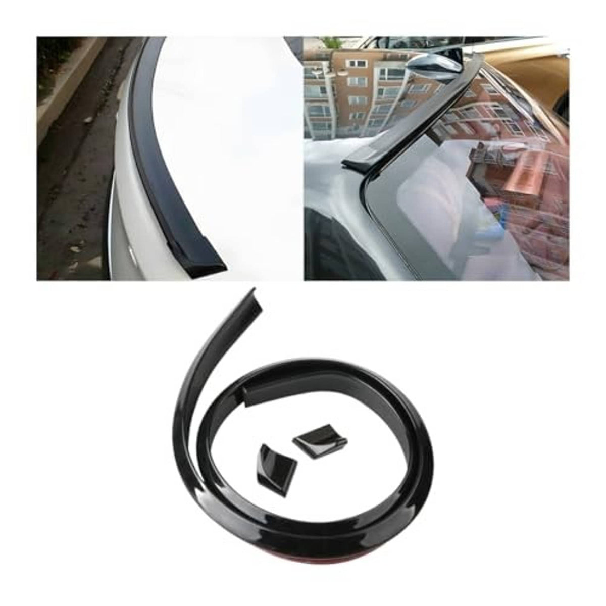 Bright black rubber roof lip spoiler strip kit, curved profile with two mount pieces