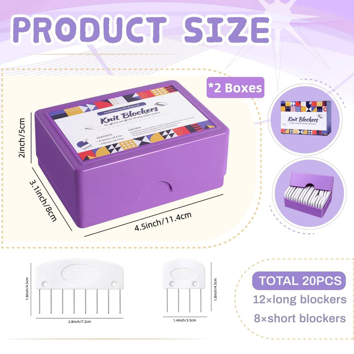 Purple knit blocking box set with white blocker pins and foam insert