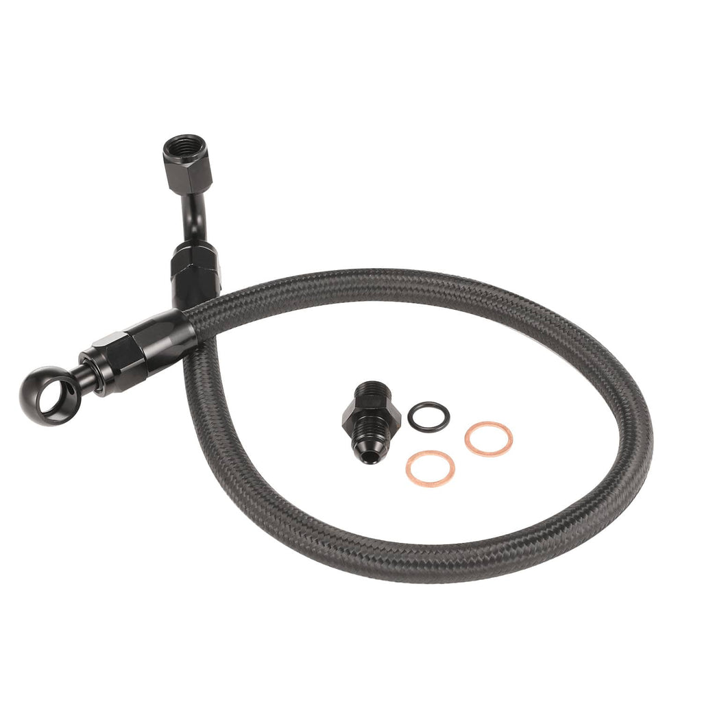 Braided fuel line hose with inline fittings and black braided hose, plus O-ring seals.