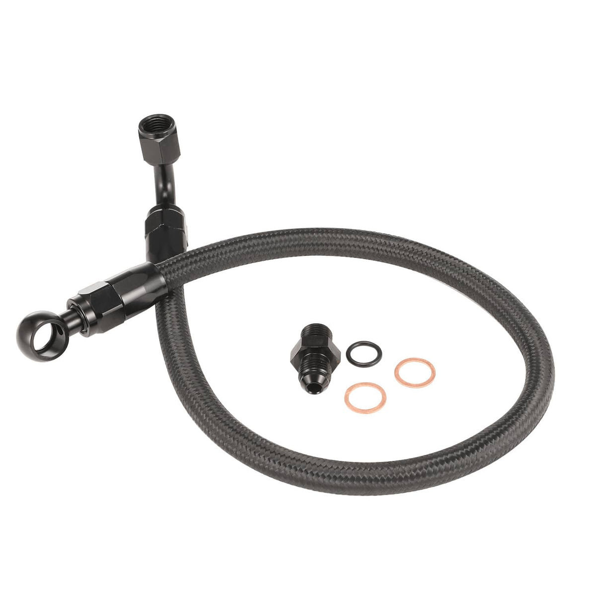 Braided fuel line hose with inline fittings and black braided hose, plus O-ring seals.