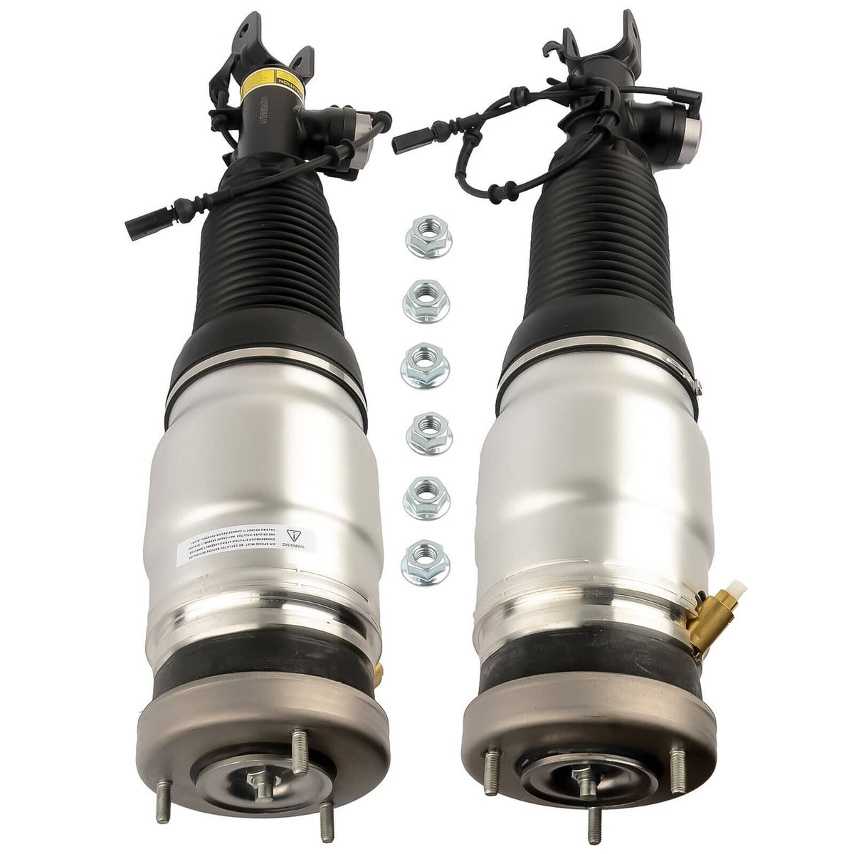 Front air suspension strut pair, silver air shocks with black ribbed bellows and top mounts