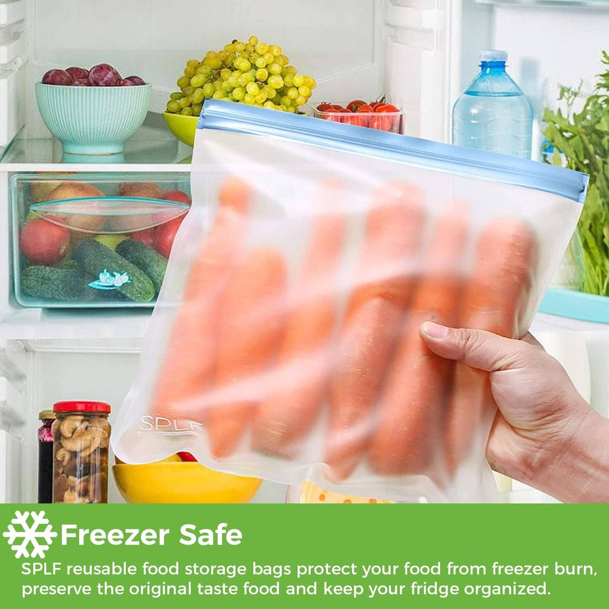 Hand holding a clear reusable freezer bag with orange food and a blue zipper