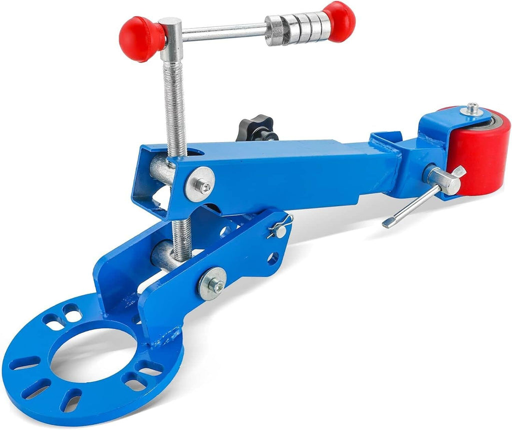 Wheel arch roller tool with blue body, red end roller, threaded rod and mounting bracket