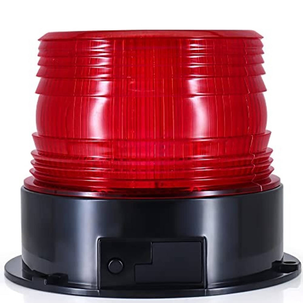 Red dome LED strobe beacon atop black mounting base for roof safety