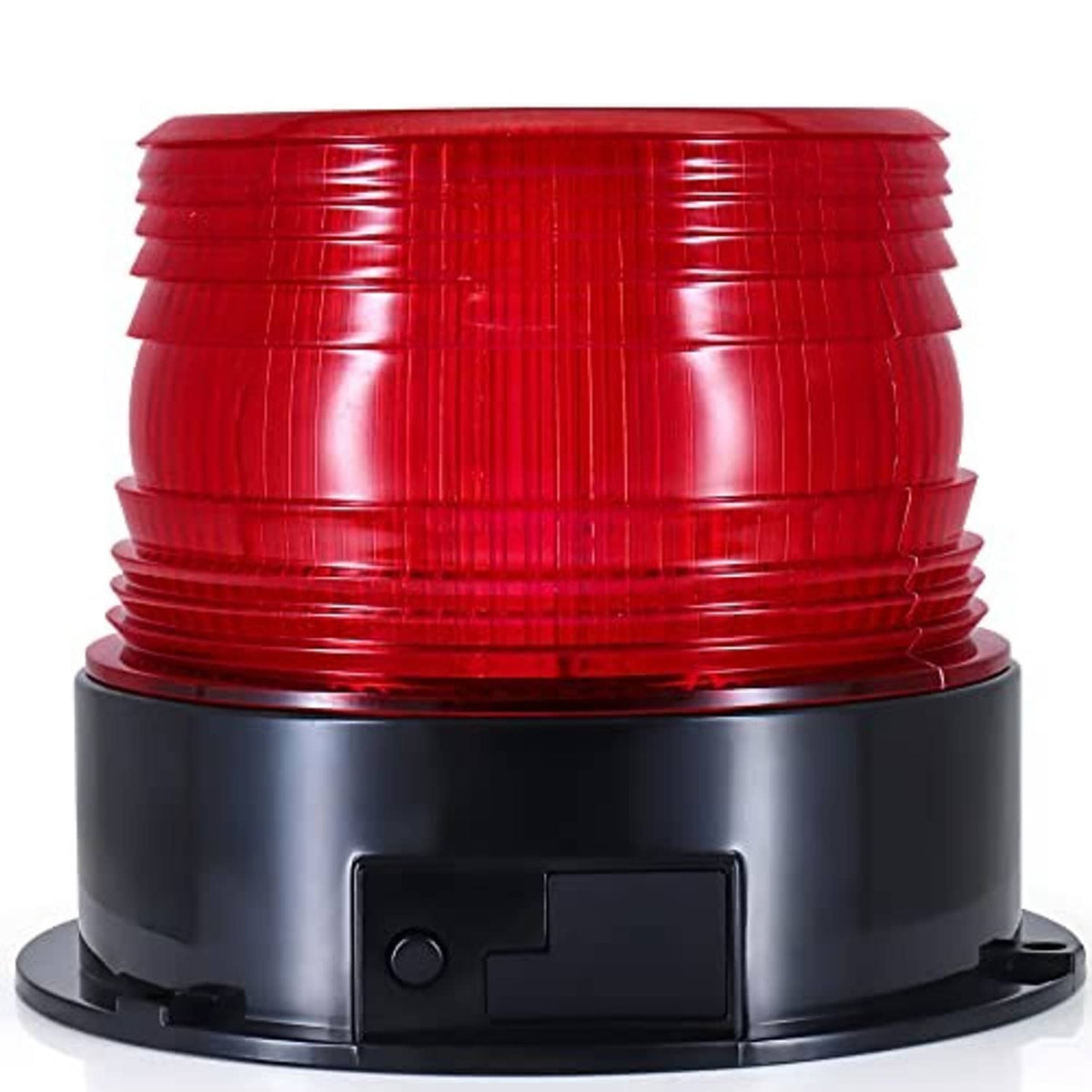 Red dome LED strobe beacon atop black mounting base for roof safety