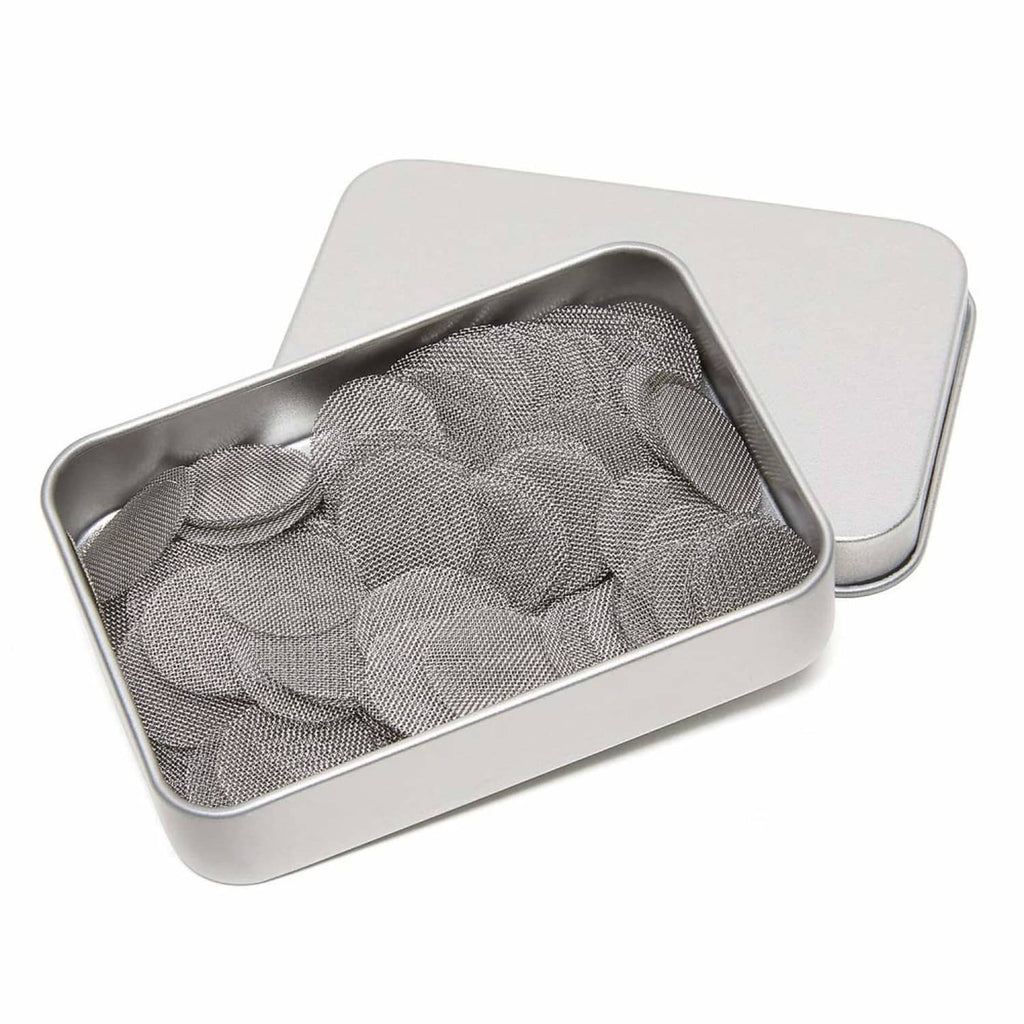 Stainless steel pipe screen set in metal storage box, gray mesh discs inside