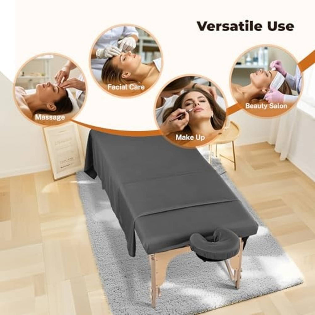Grey massage table sheet set on an open massage table with headrest pillow cover