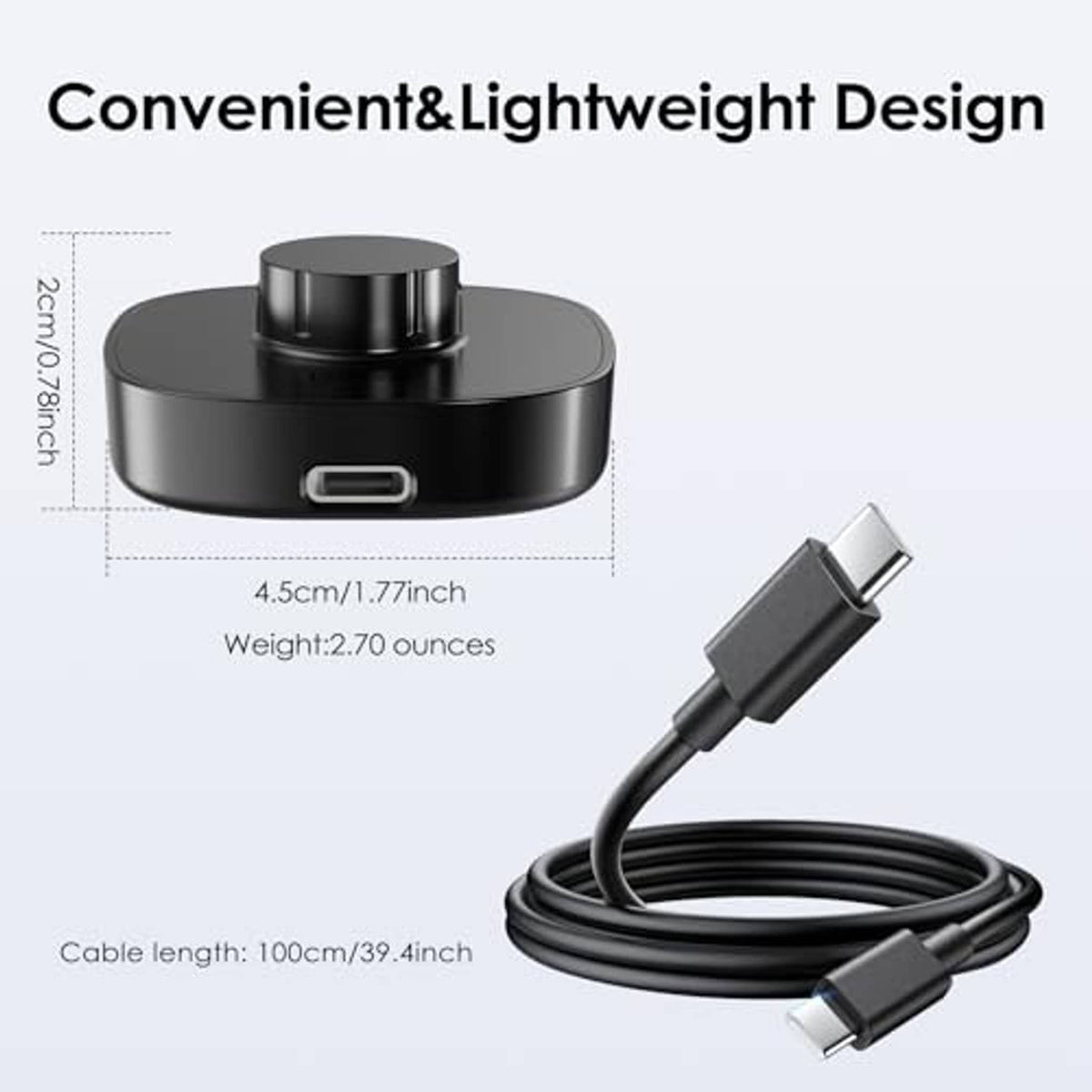 Compact black charging dock with USB-C cable, lightweight connector