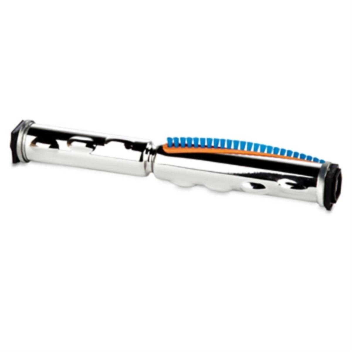 Upright vacuum brush roll with blue bristles and silver cylindrical housing