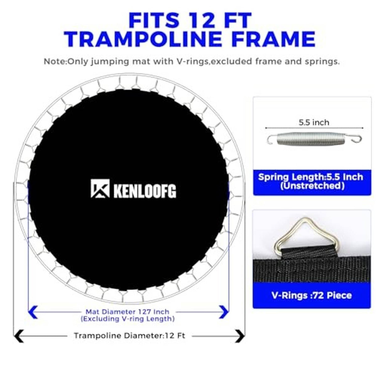 Black trampoline jumping mat with V-rings; diagram shows 5.5in spring and 72 pieces