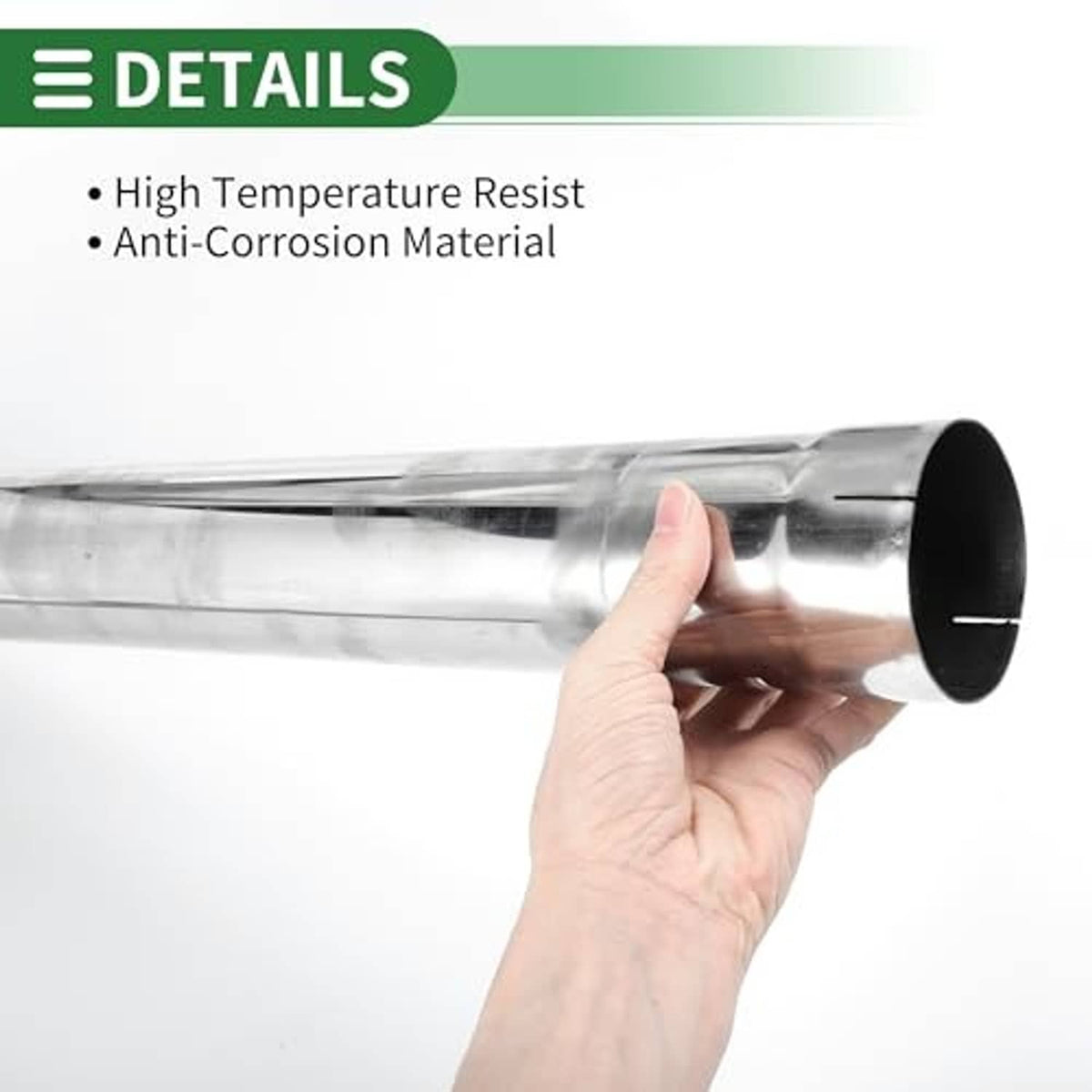 Polished stainless exhaust pipe tube held by hand, open cut end with dark rim