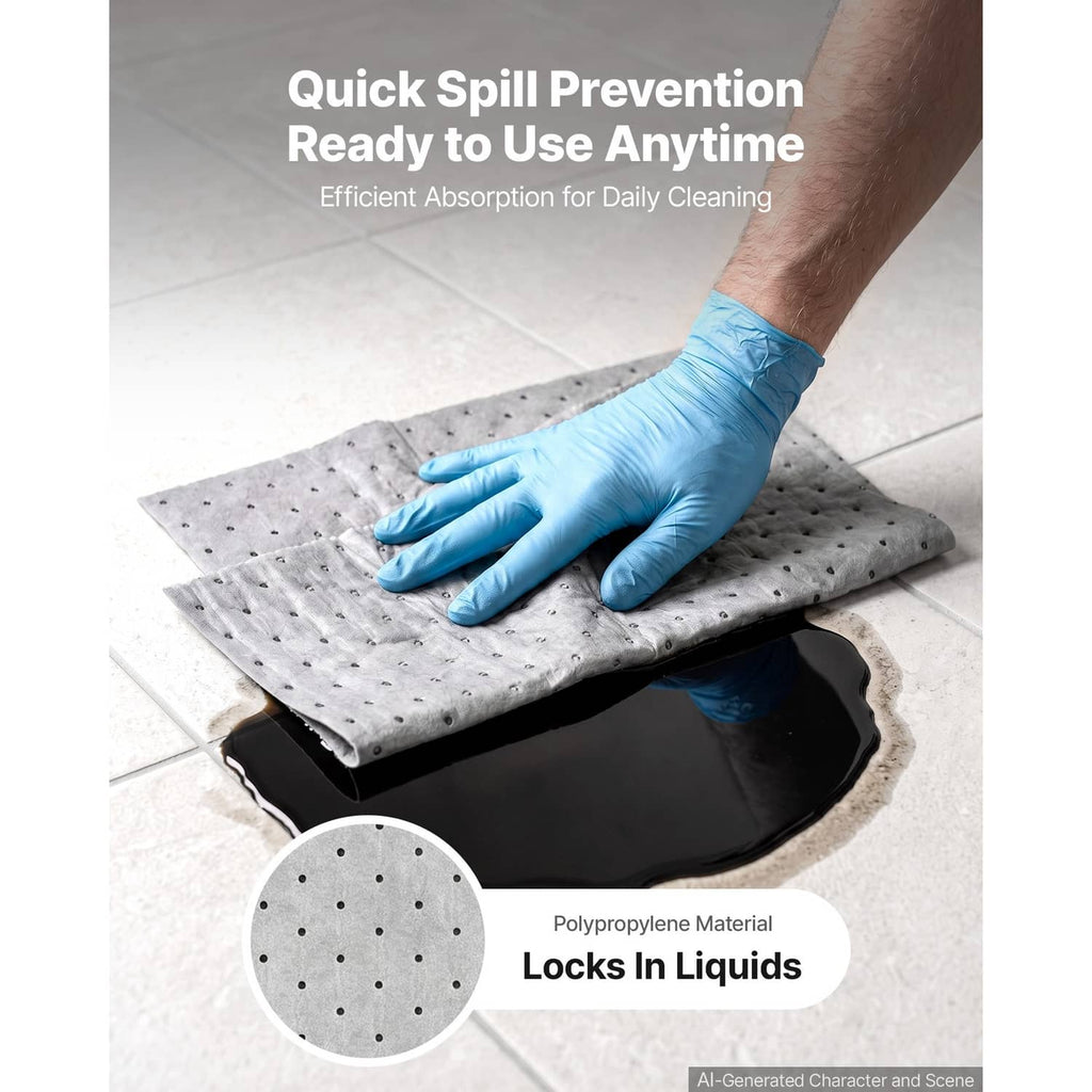 Folded absorbent pad with dot pattern, gloved hand pressing to pick up spills