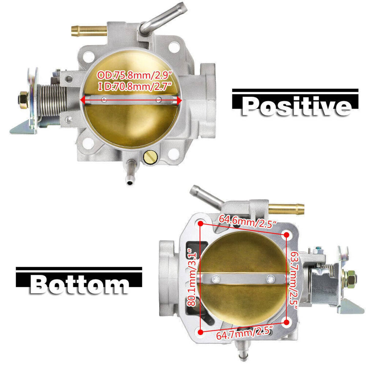 70mm throttle body size chart, top and side view with inlet bore and mounting points