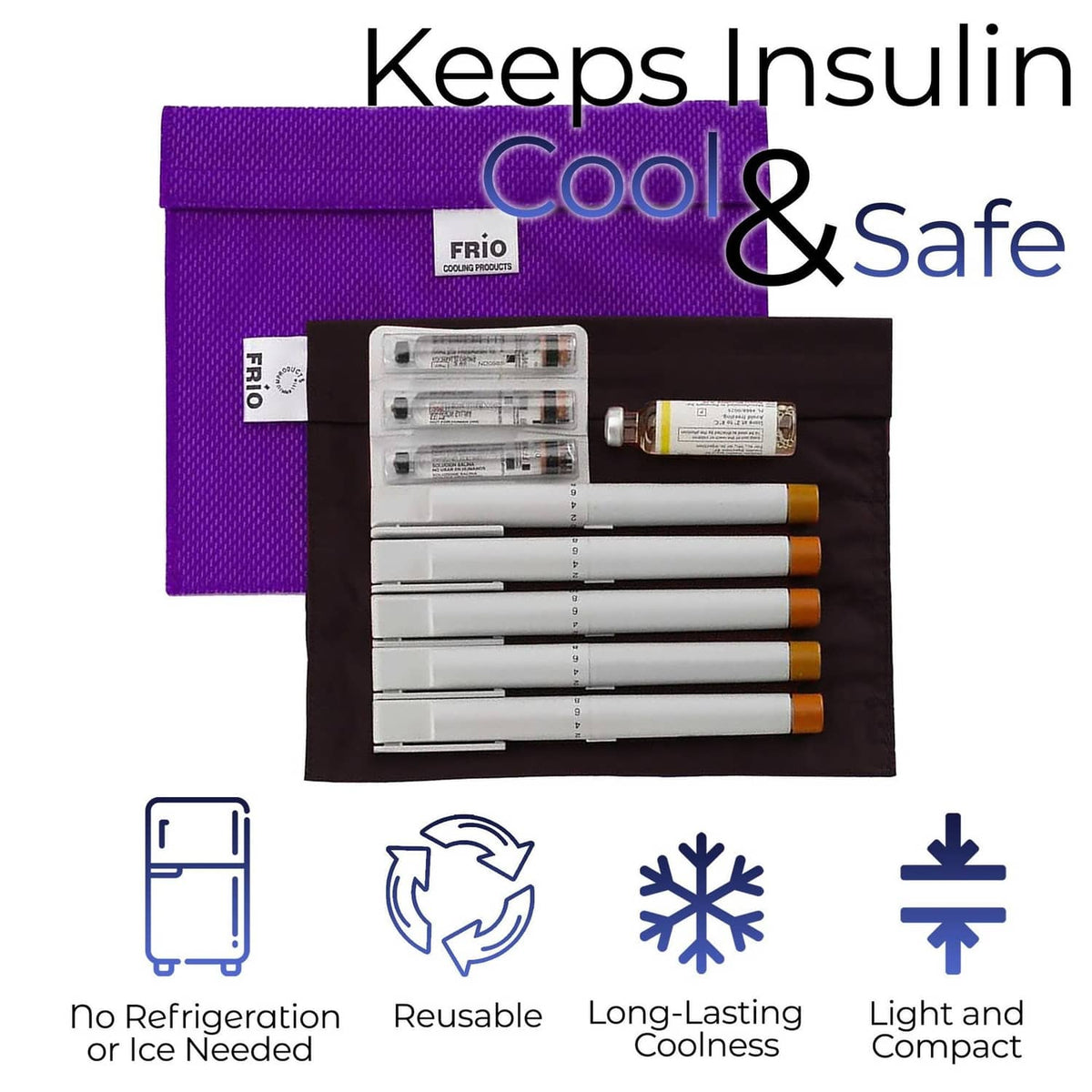 Purple and black insulin cooler wallet with zippered-style insert tray for pens
