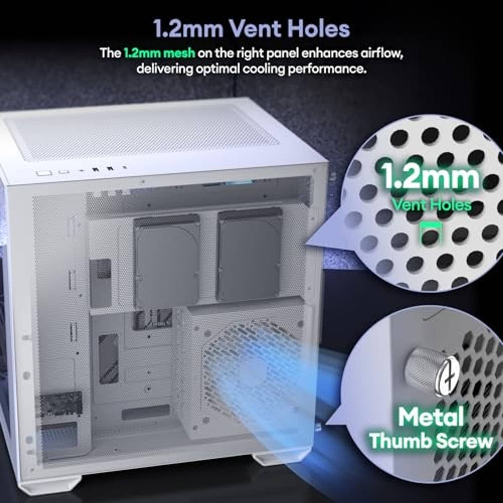 White PC case with vent mesh panel and metal thumb screws for easy access.