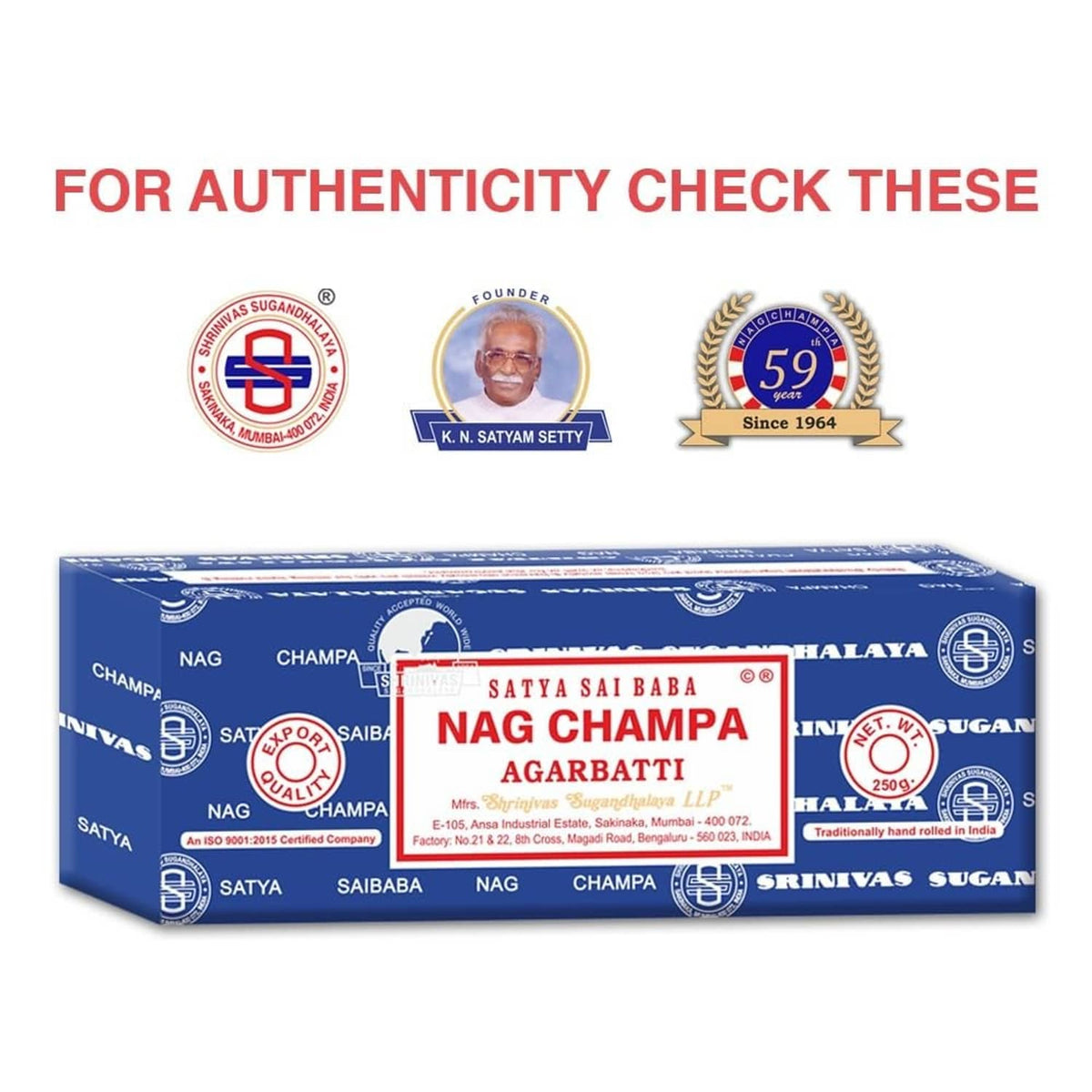 Nag Champa agarbatti box with authenticity seals and blue packaging