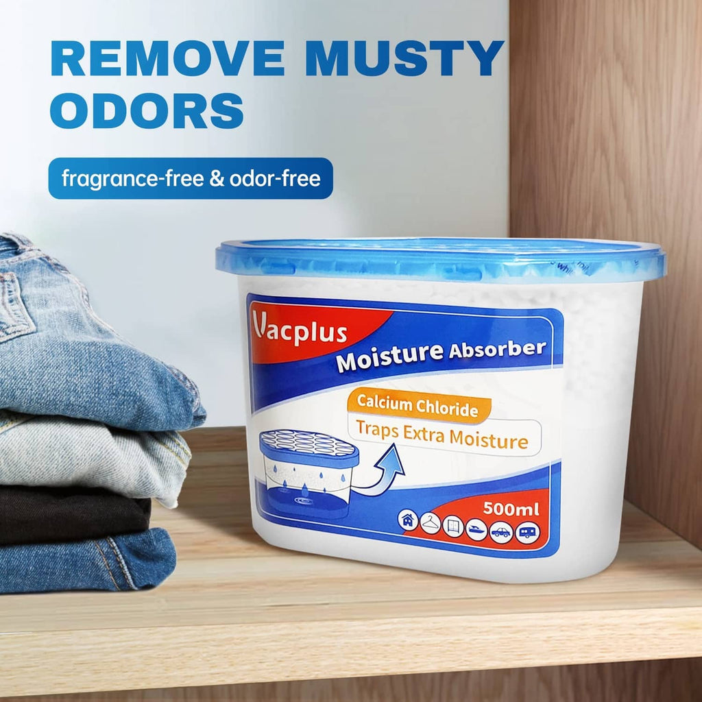 Vacplus moisture absorber tub with blue lid and navy label, fragrance-free odor removal