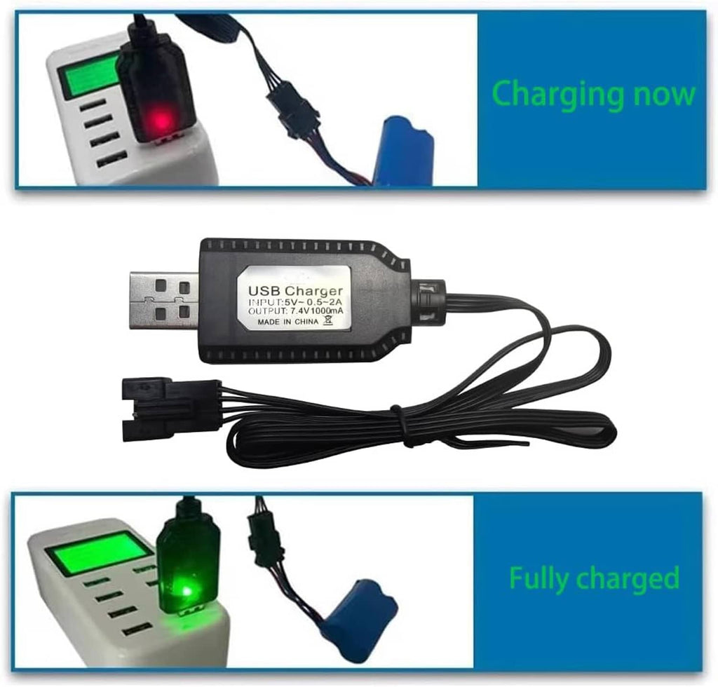 SM-4P 7.4V USB charger with USB-A plug and multiple charging cable tips