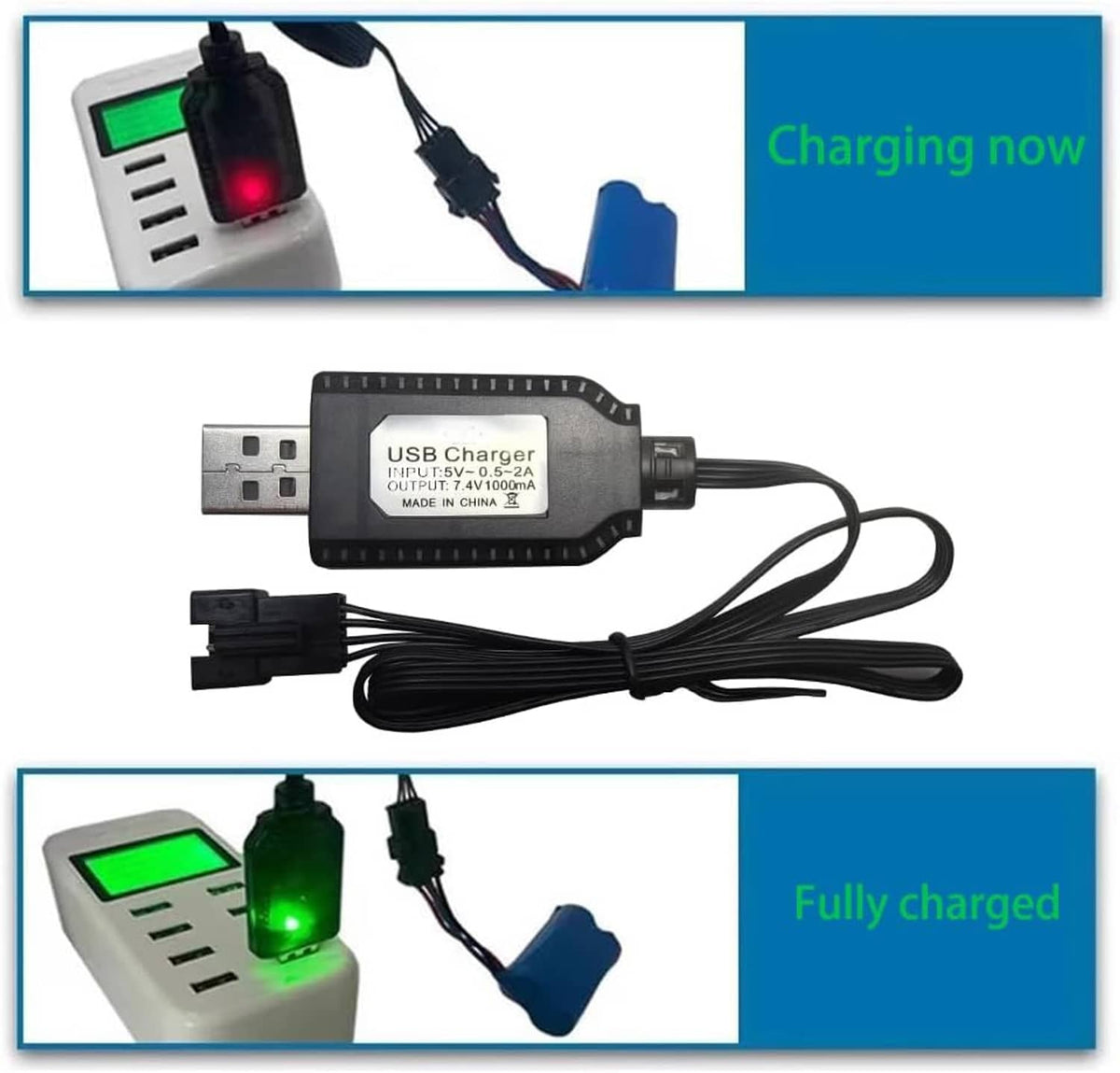 SM-4P 7.4V USB charger with USB-A plug and multiple charging cable tips
