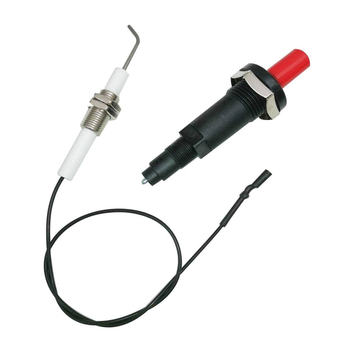 Two-piece propane piezo igniter with red-capped black module, white probe, and cable