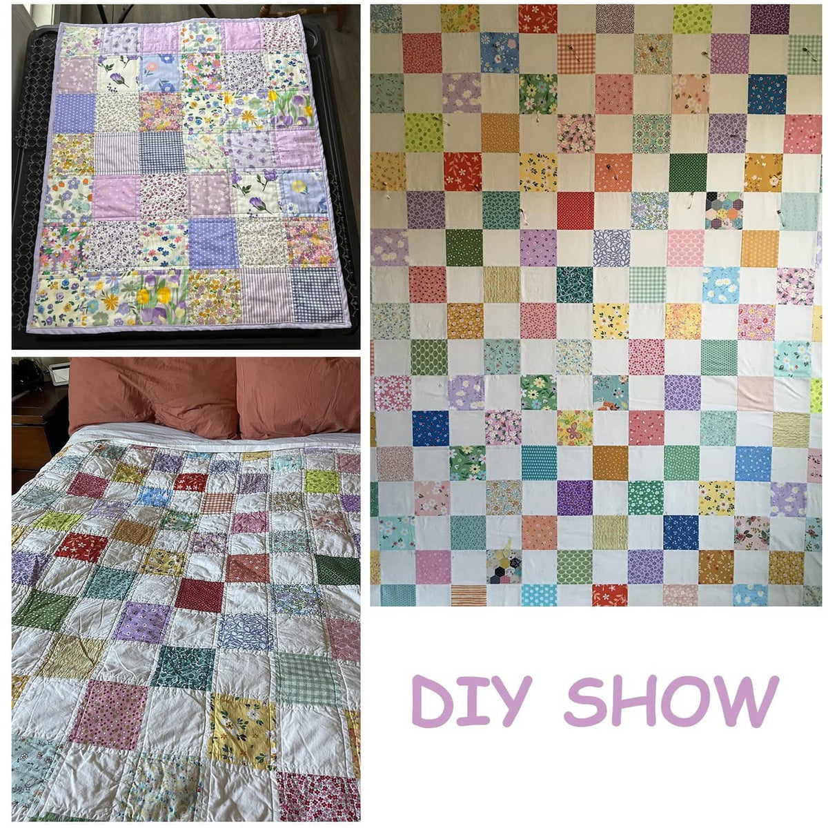 Patchwork quilt blanket with multicolor cotton square blocks and floral prints