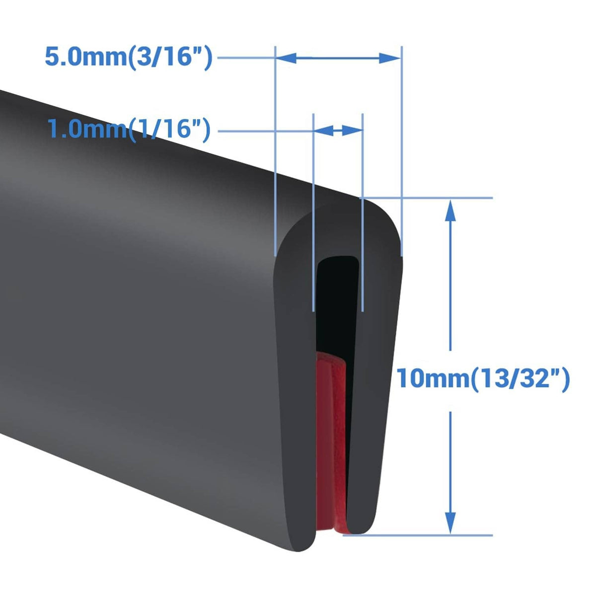 Black rubber edge trim with red strip insert and rounded outer edge profile
