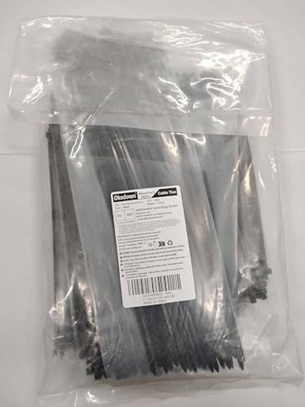 Bagged cable zip ties in clear plastic with product label