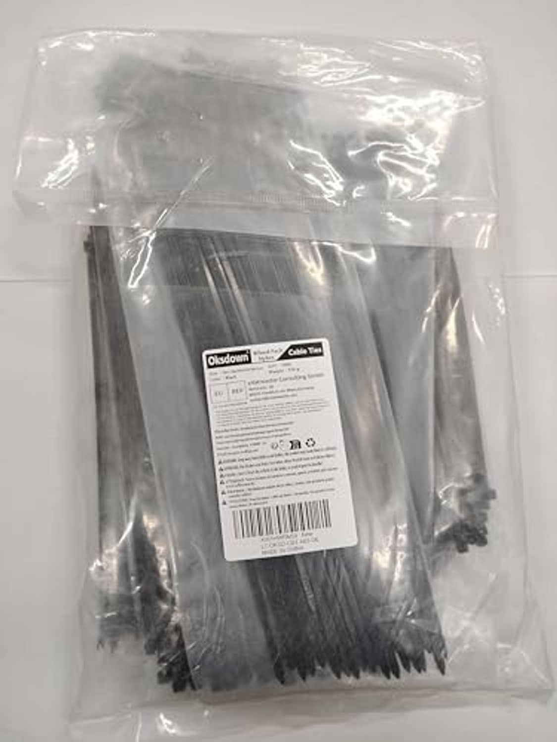 Bagged cable zip ties in clear plastic with product label