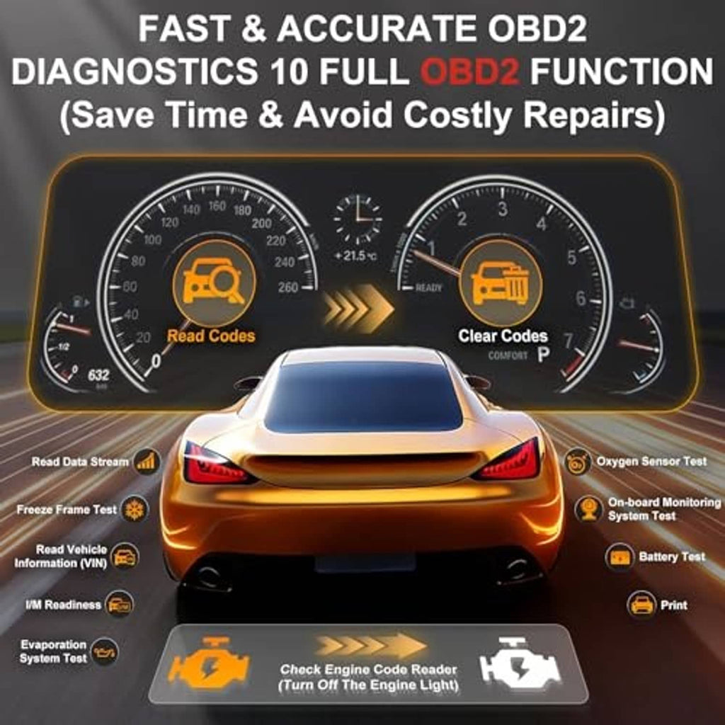 OBD2 diagnostics car code reader used with a car and dashboard gauge graphics
