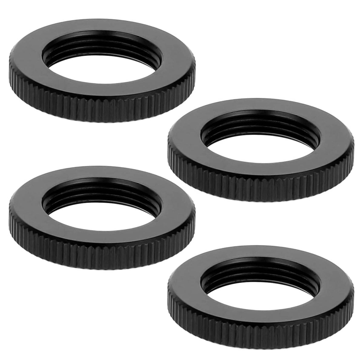 Four black knurled microphone stand lock nuts, 5/8-27 thread, flat lay view