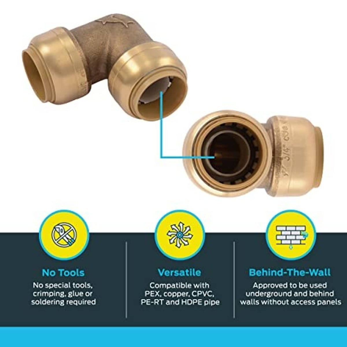 90° brass push-to-connect elbow fitting showing inner seal and inlet port
