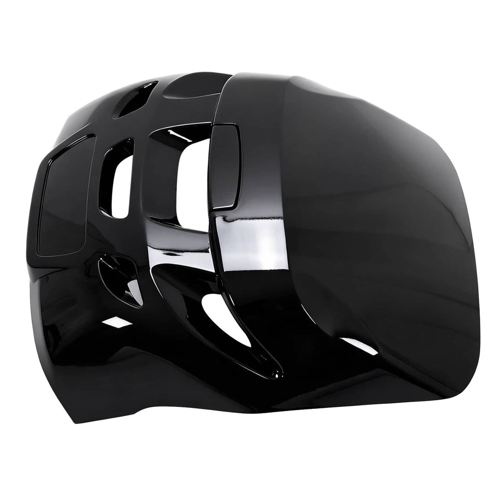 Black ABS marine outboard top cowling air dam cap, glossy curved shape, angled view
