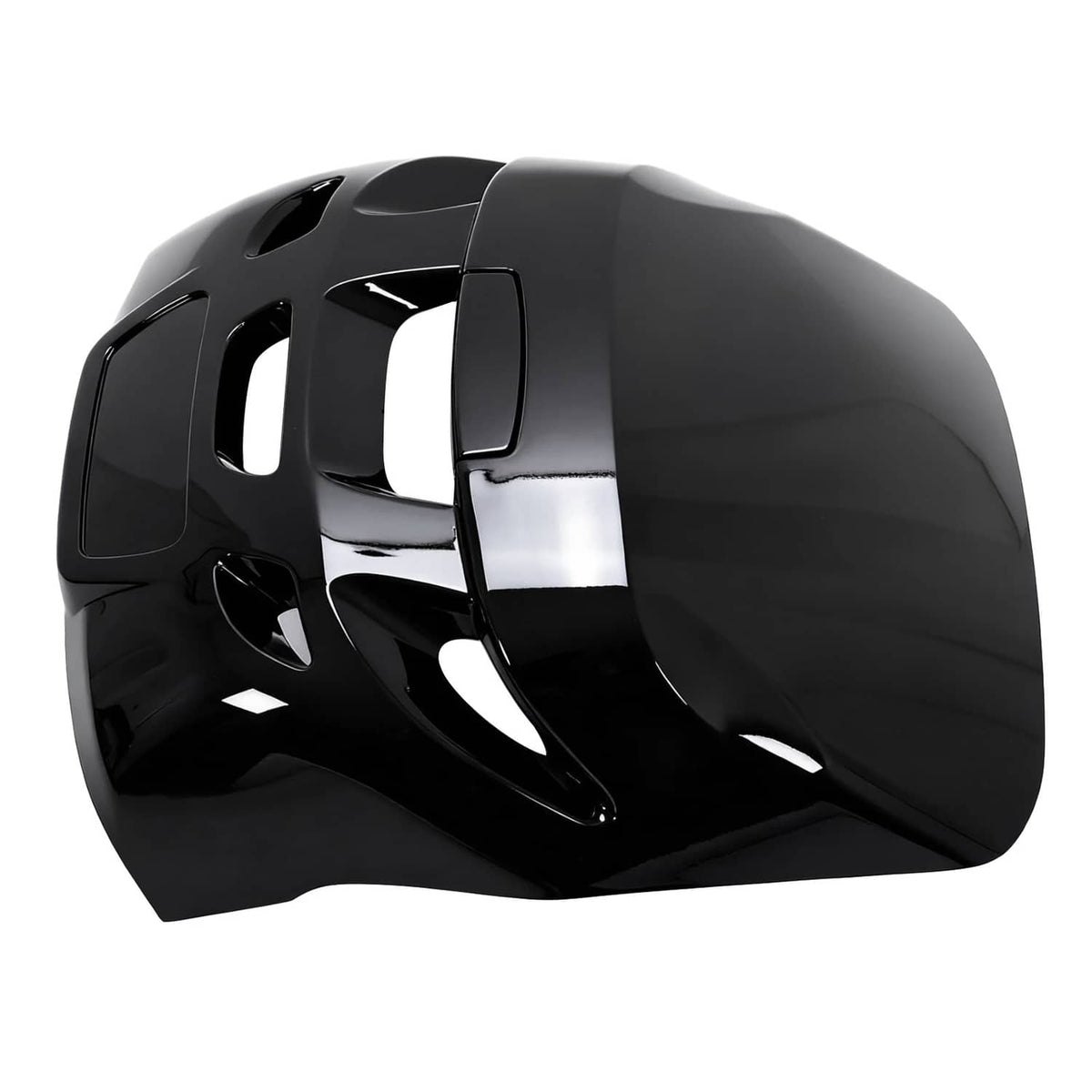 Black ABS marine outboard top cowling air dam cap, glossy curved shape, angled view