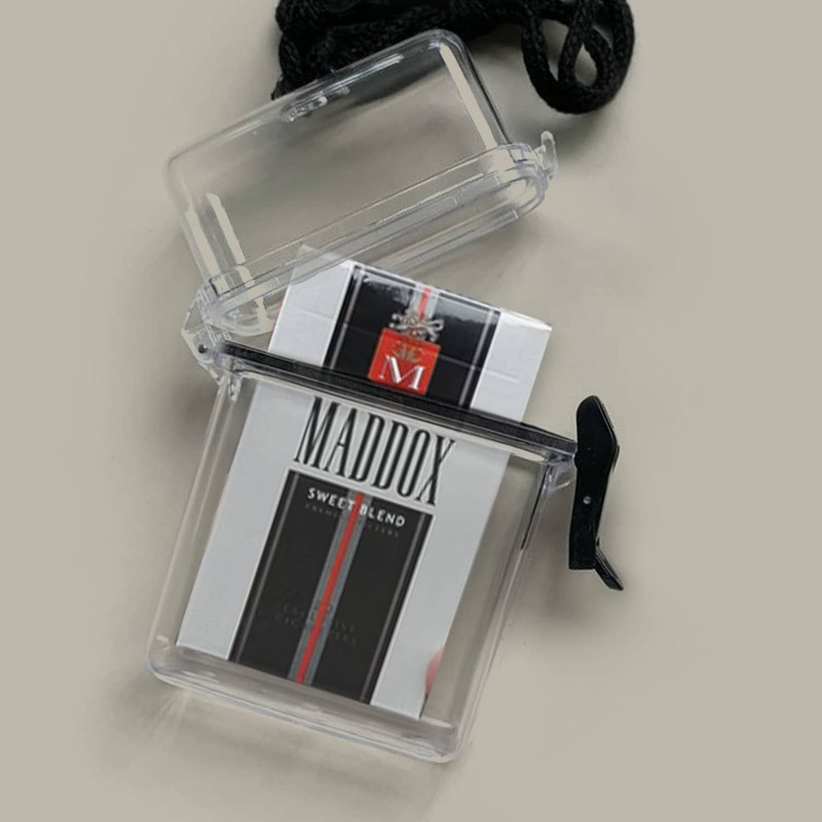 Clear waterproof ID card holder with black cord lanyard and open hinged latch