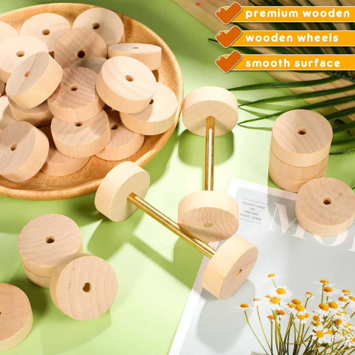 Assorted small round wooden wheels with center holes and smooth light wood faces