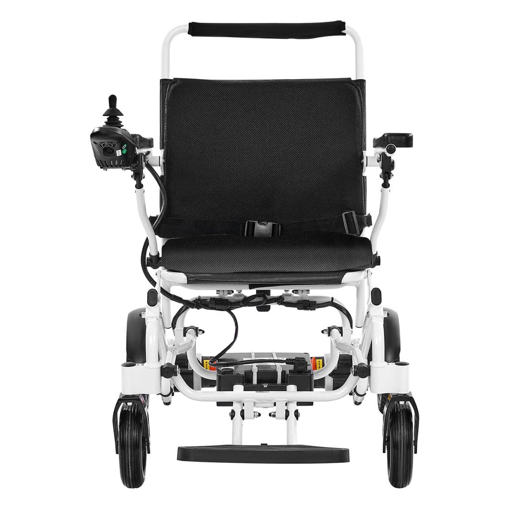 Electric foldable wheelchair with black seat and back, front view