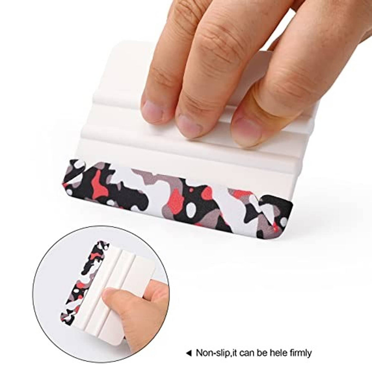 Non-slip white plastic squeegee with camouflage felt edge, held by fingers