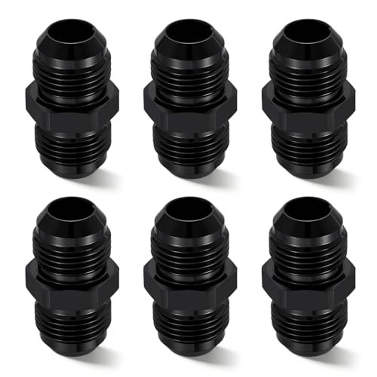 Black AN flare union straight fuel hose adapter fitting, male-to-male threaded ends