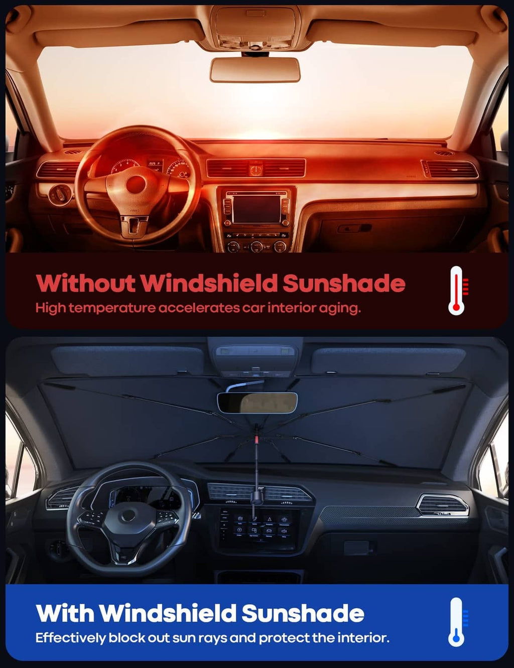 Car windshield sunshade umbrella deployed on the front glass, with center support pole
