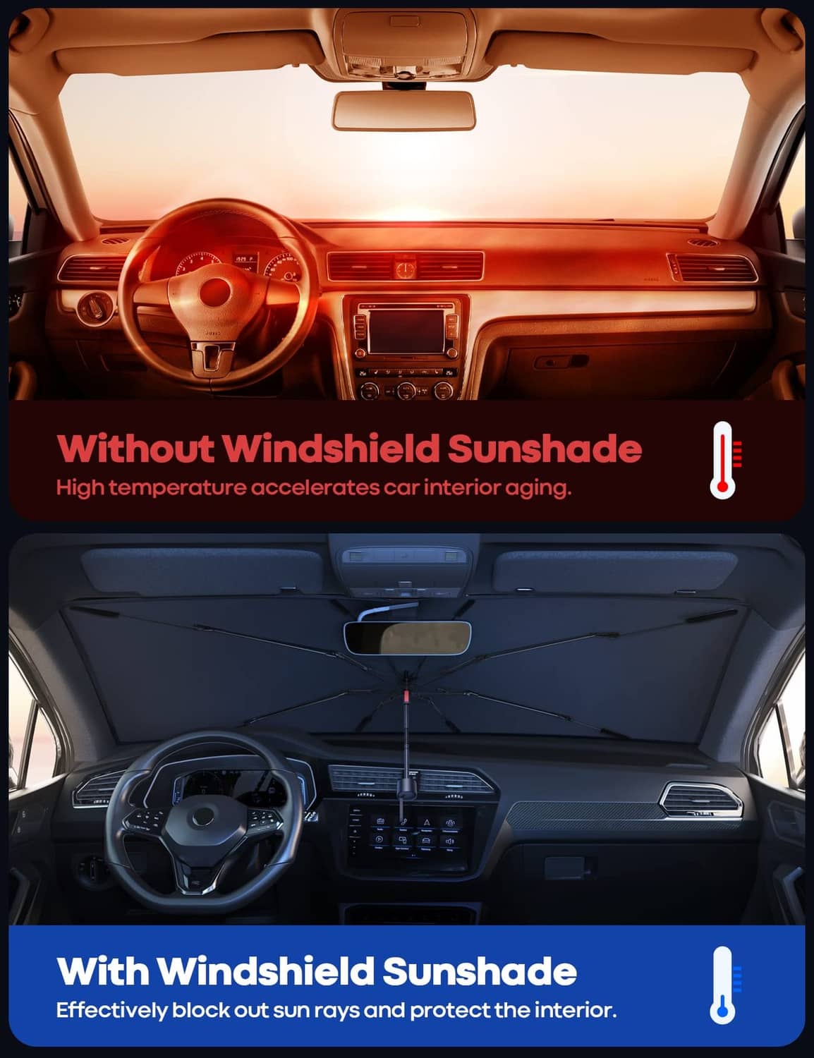 Car windshield sunshade umbrella deployed on the front glass, with center support pole