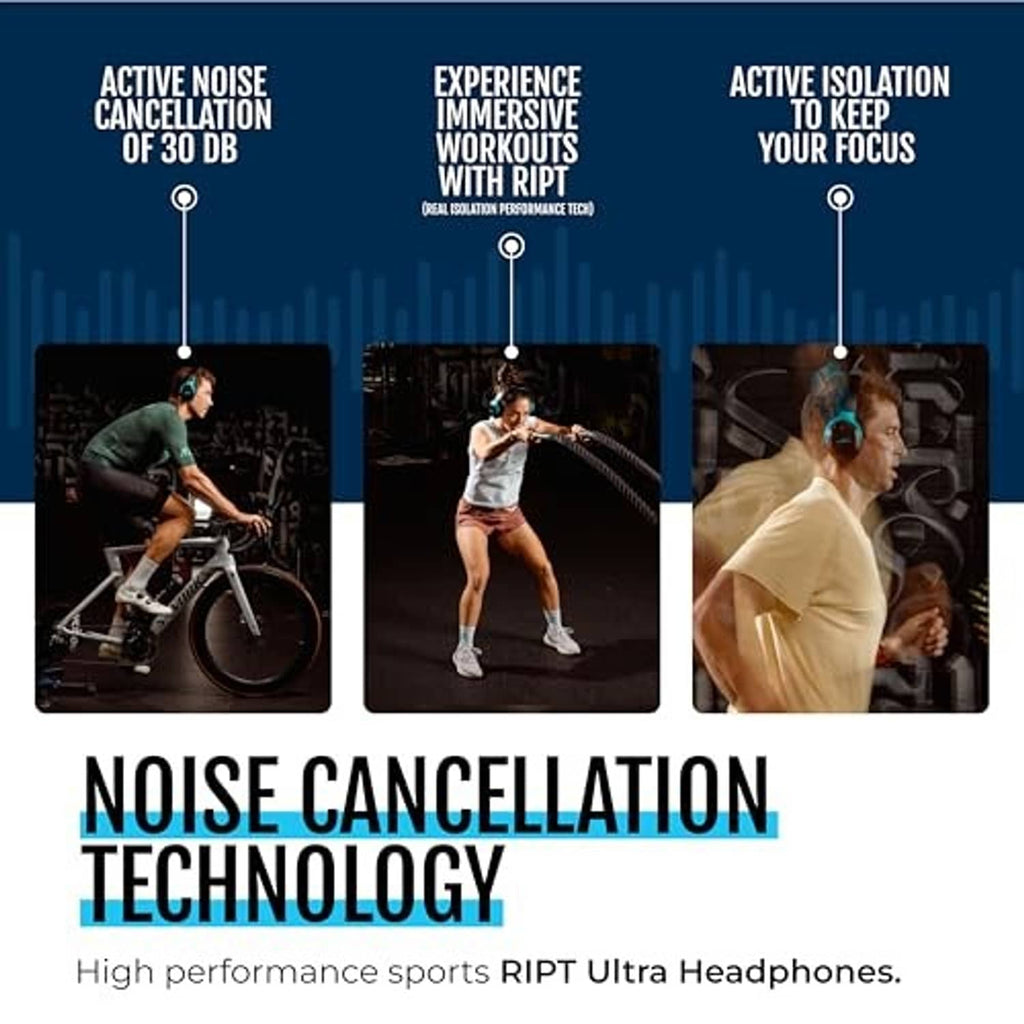 Over-the-ear sport headphones illustration with black frame and blue ear cushions