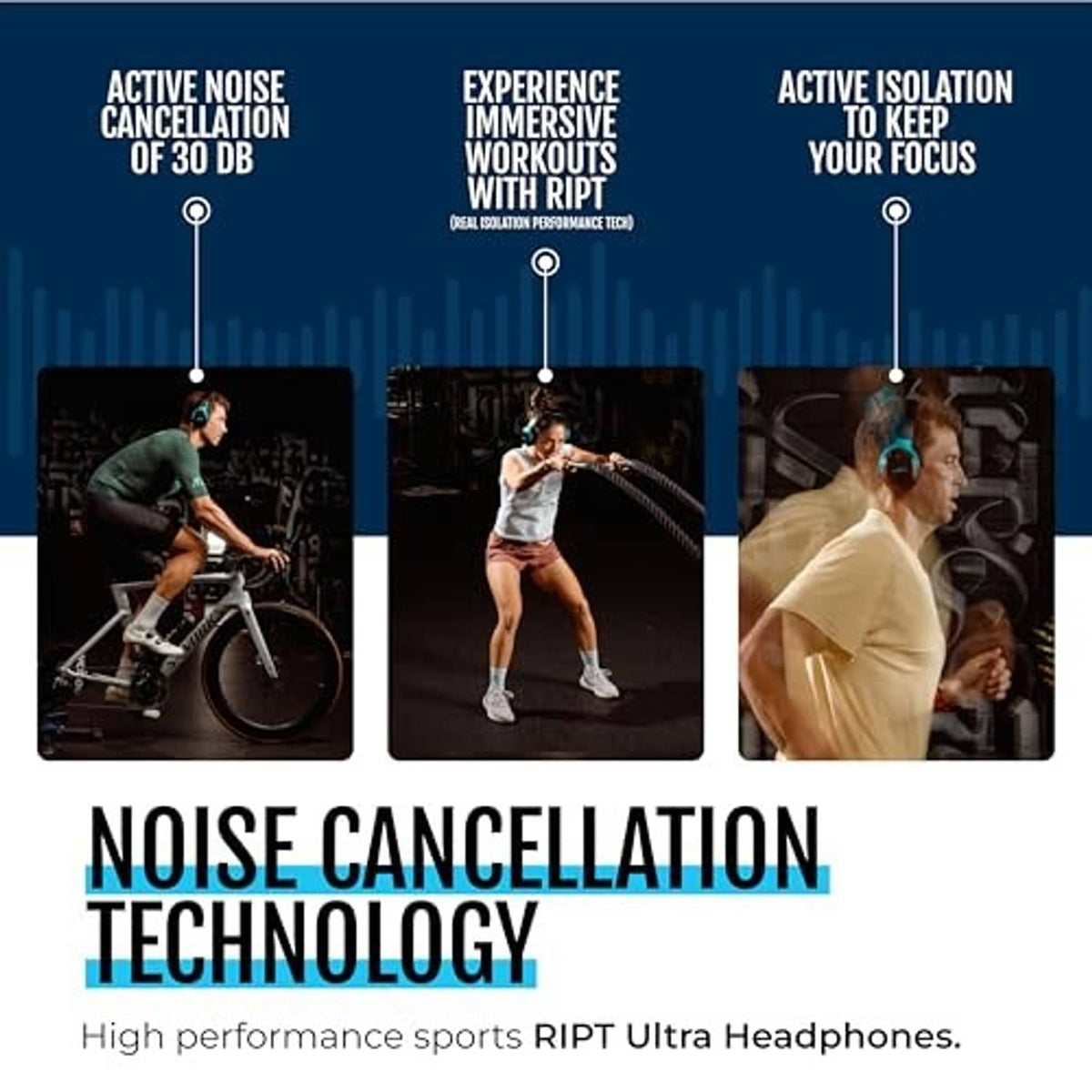 Over-the-ear sport headphones illustration with black frame and blue ear cushions