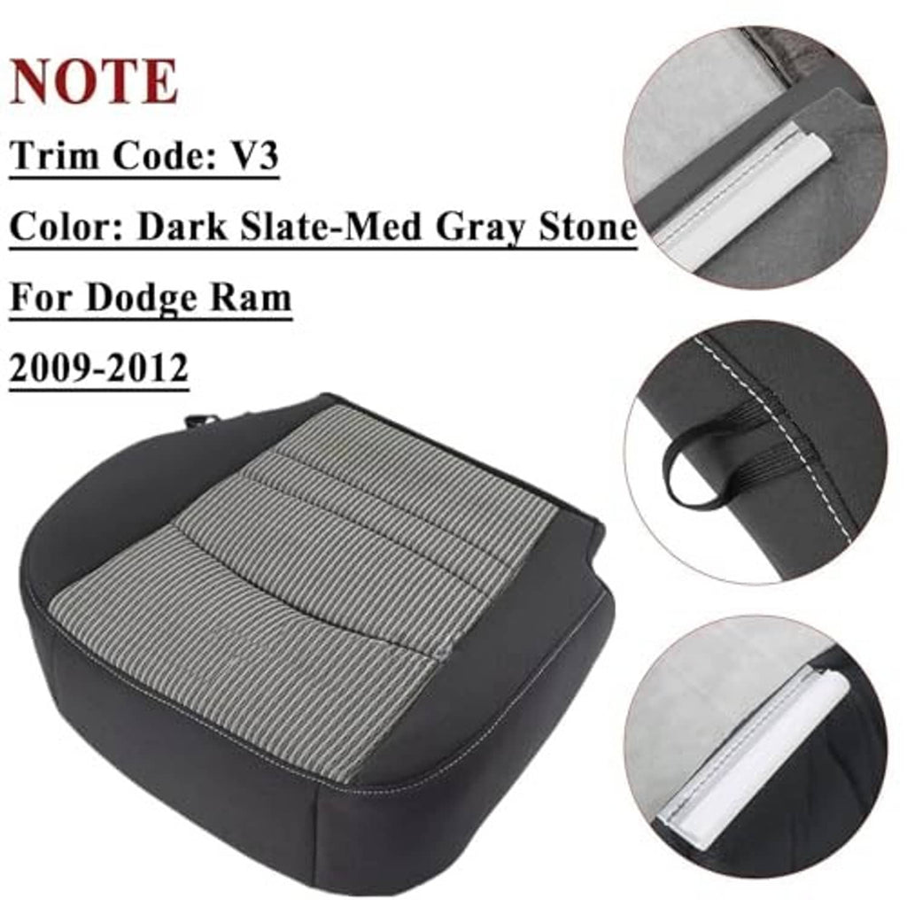 Front driver seat bottom cover with gray striped fabric and stitched edges over dark base